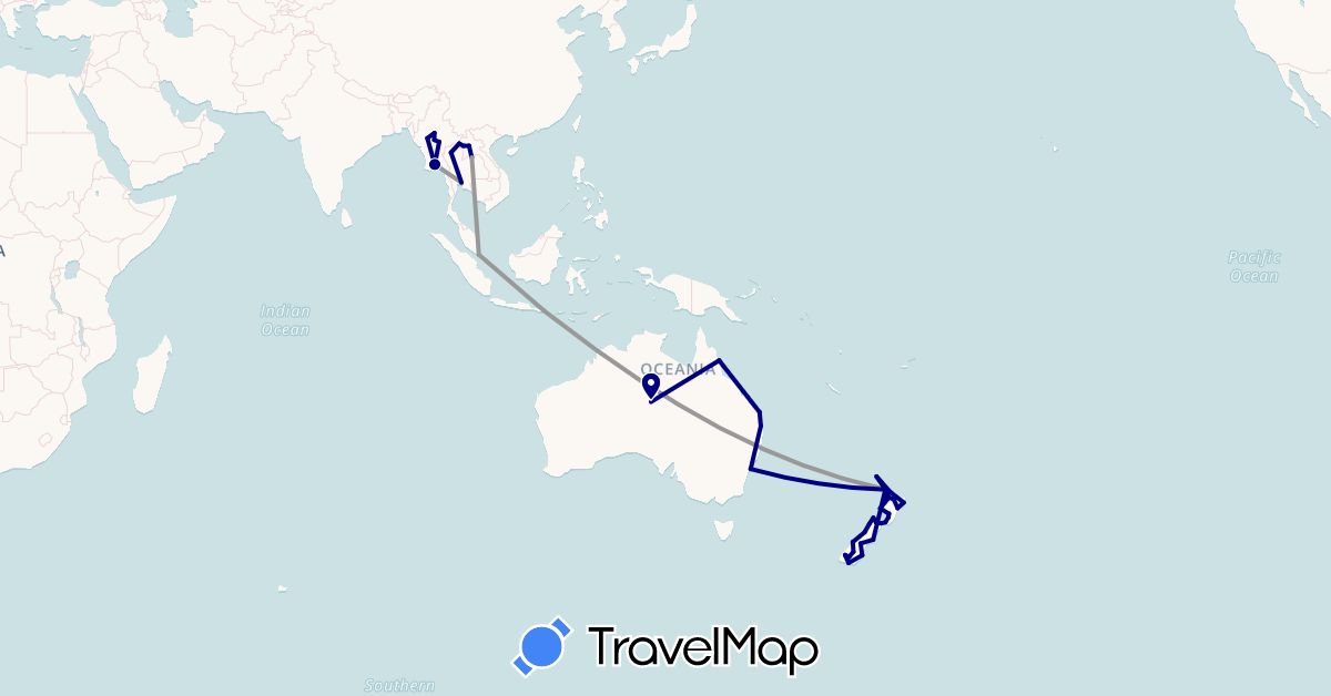 TravelMap itinerary: driving, plane in Australia, Indonesia, Laos, Myanmar (Burma), New Zealand, Singapore, Thailand (Asia, Oceania)